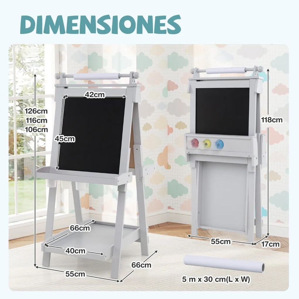 Cavalete de arte dobrável de dupla face 3 em 1 para crianças + 3 anos com quadro negro e rolo de papel substituível 3 copos bandejas Cinzento