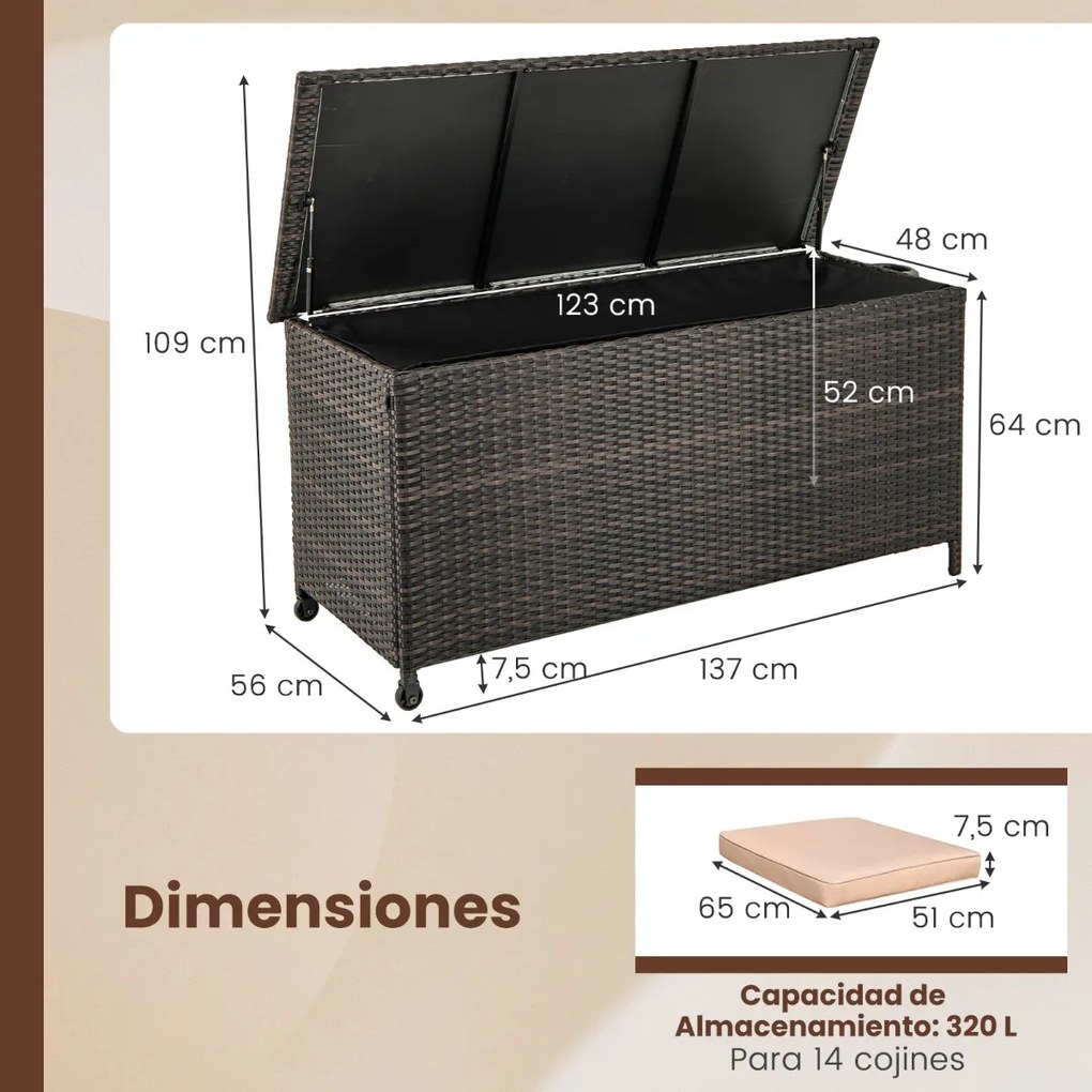 Baú armazenamento exterior de rattan 320L com forro impermeável Rodas universais Interior Exterior Vime Armário Almofadas Ferramentas Castanho