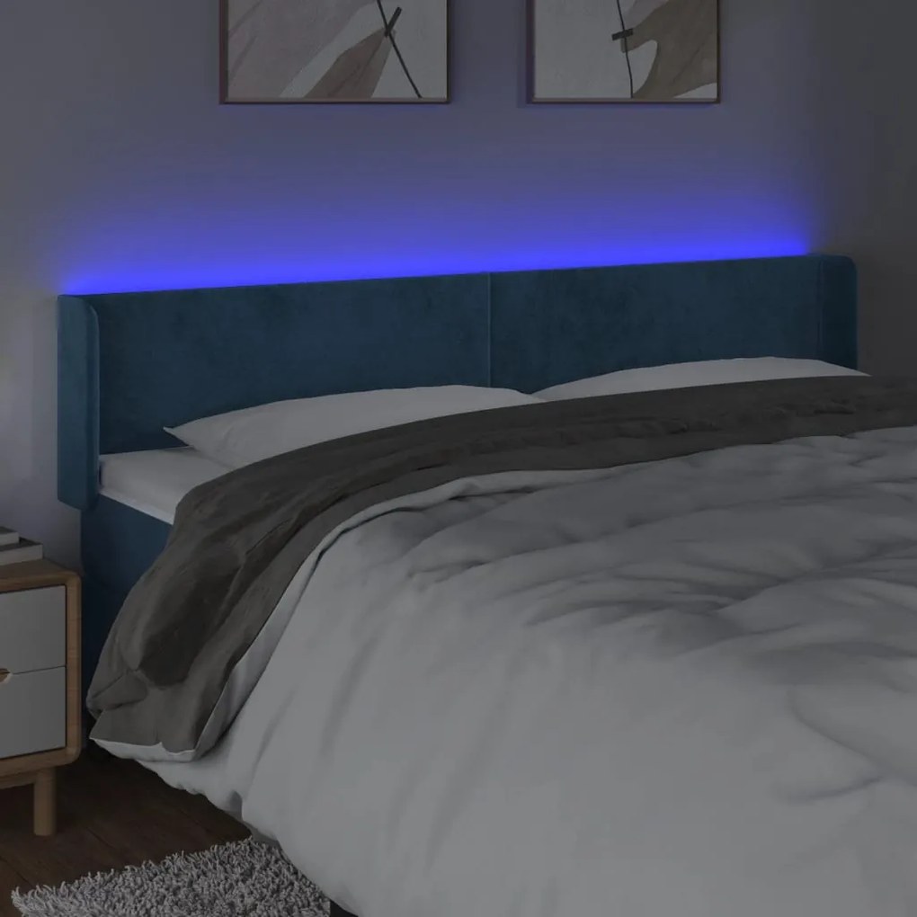 Cabeceira cama c/ luzes LED veludo 183x16x78/88 cm azul-escuro