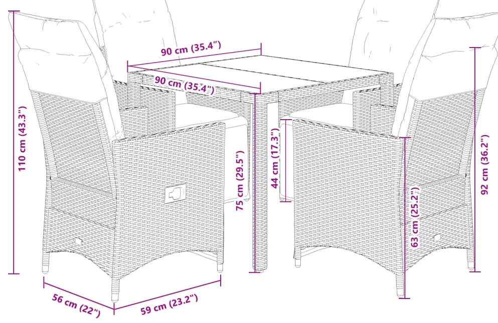 5 pcs conjunto de bistrô para jardim c/ almofadões vime PE bege