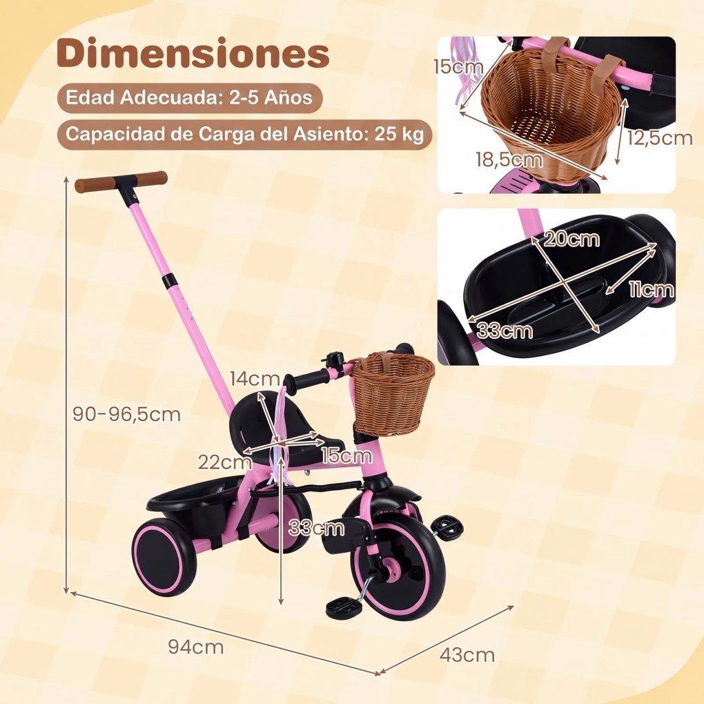 Triciclo Infantil Evolutivo 2 em 1, 94 x 43 x 90-96,5 cm, Pega de Empurrar Ajustável, Cor-de-rosa