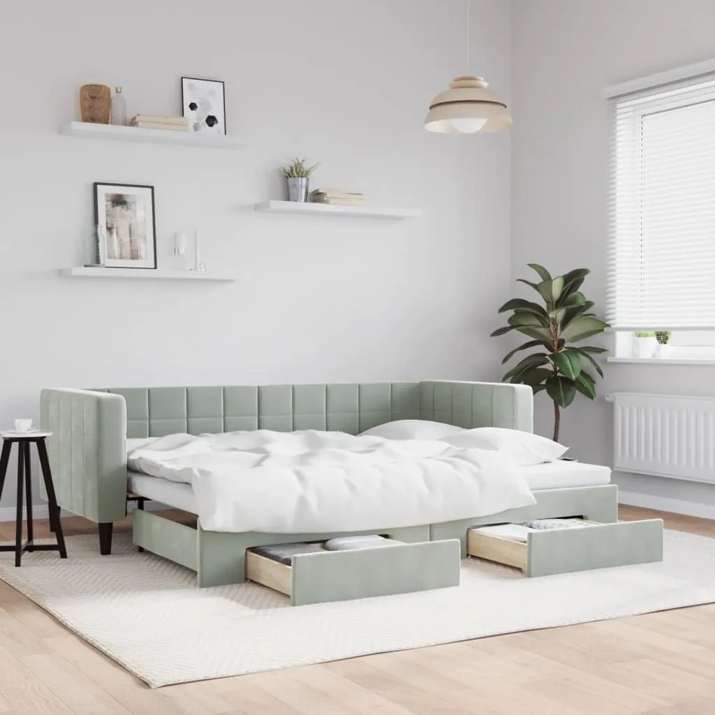 Sofá-cama c/ gavetão e gavetas 80x200 cm veludo cinzento-claro
