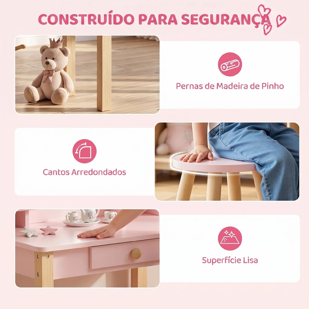 Toucador Infantil com Banco, Espelho, Gaveta e 2 Prateleiras Abertas para Crianças 3 a 6 Anos Rosa