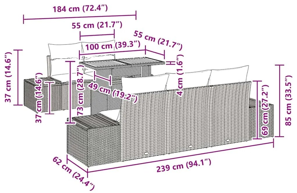 Conjunto de Jantar de Jardim 6 Peças com Almofadas Bege em Rattan Sint