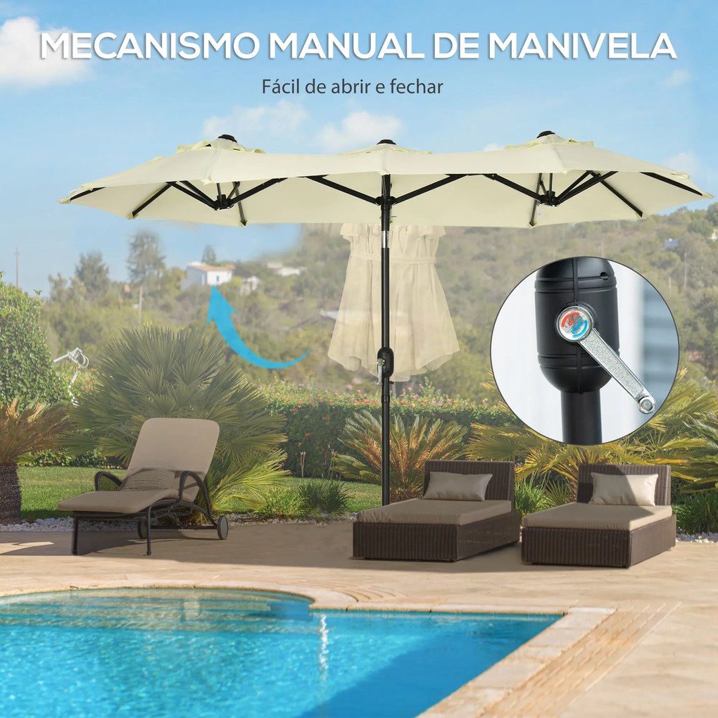 Outsunny Chapéu de Sol Duplo 285x147x227cm Chapéu de Sol de Jardim com Inclinação de 45° Manivela Estrutura de Aço para Pátio Varanda Piscina Bege