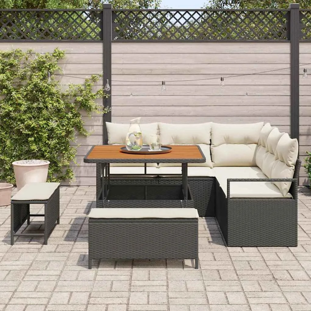 Conjunto de Sofá Jardim 8 Peças com Almofadas Preto Vime PE Acácia