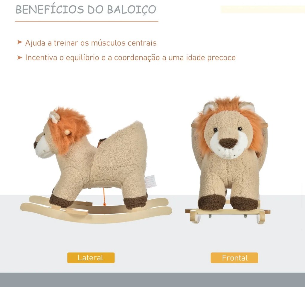 Baloiço Infantil em Forma de Leão de Pelúcia para Bebés 18-39 Meses com Som Cinto de Segurança Guidão Apoio para os Pés 68x35x50cm Marrom