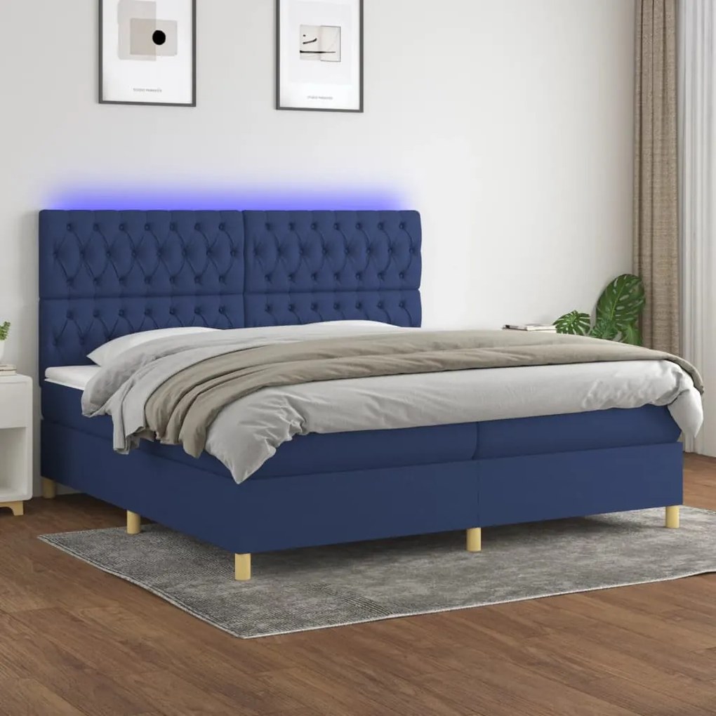 Cama box spring c/ colchão e LED 200x200 cm tecido azul