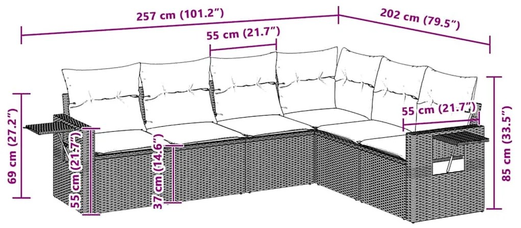 6 pcs conj. sofás jardim com almofadões vime PE cinzento-claro