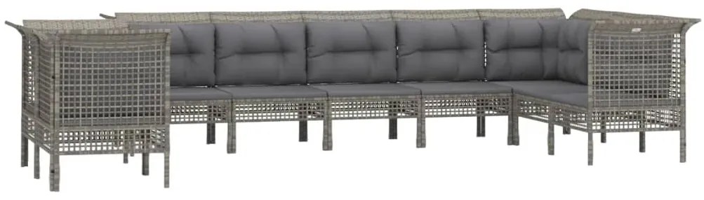 9 pcs conjunto lounge de jardim c/ almofadões vime PE cinzento