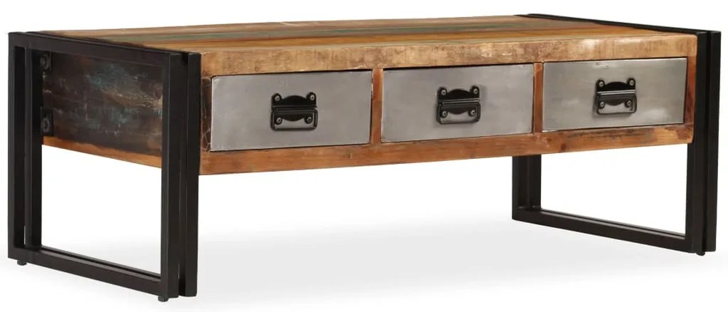 Mesa de centro 3 gavetas madeira recuperada maciça 100x50x35 cm