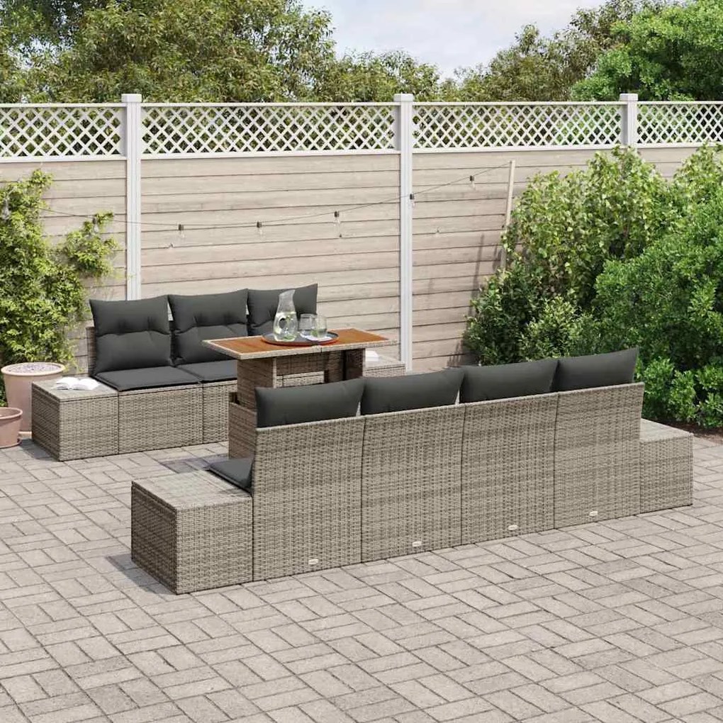 Conjunto de jantar de jardim com 8 peças e almofadas cinzas em polyrat