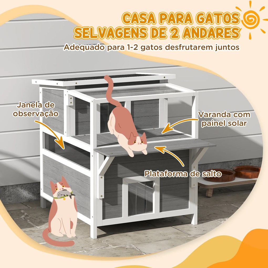 Casa para Gatos de Madeira 64x87x76 cm de 2 Níveis com Teto Asfáltico Janela e Porta com Cortina 64x87x76 cm Cinza Claro