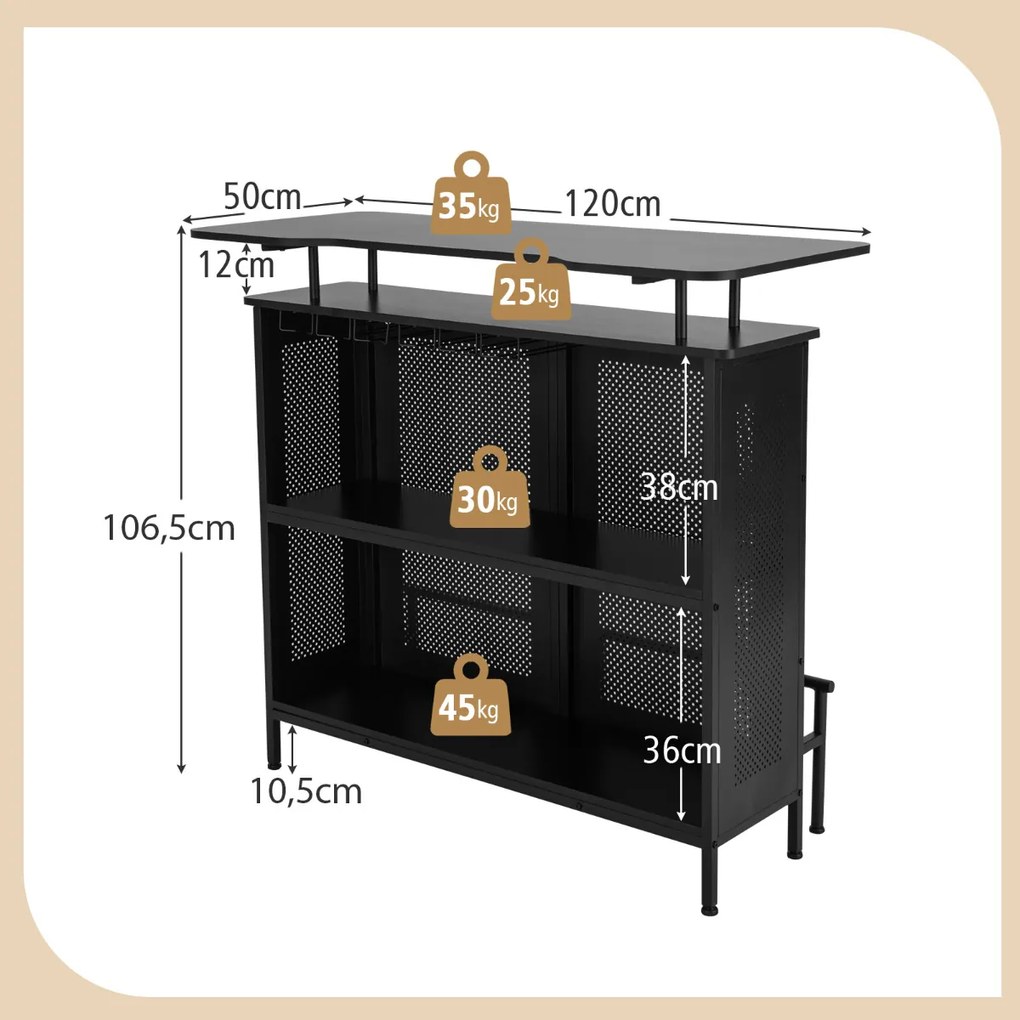 Mesa de bar alta Armário de bar em metal com 2 estantes para vinhos e 6 suportes para copos Suporte de bar Cozinha Pub 120 x 50 x 106,5 cm Preto