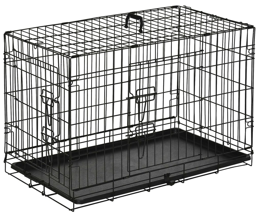 PawHut Gaiola para Cães com 2 Portas Gaiola para Animais de Estimação de Arame Dobrável com Alça de Transporte Aço 76x46x52cm Preto