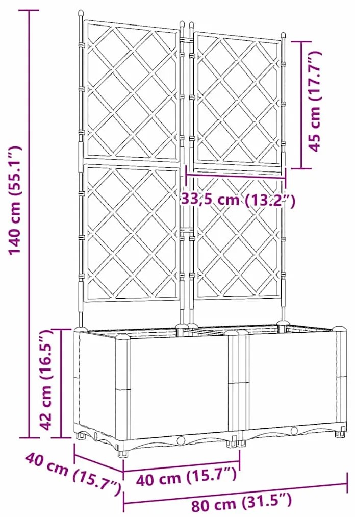 Jardineira com Treliça 2 pcs Cinza 80x40x143 cm