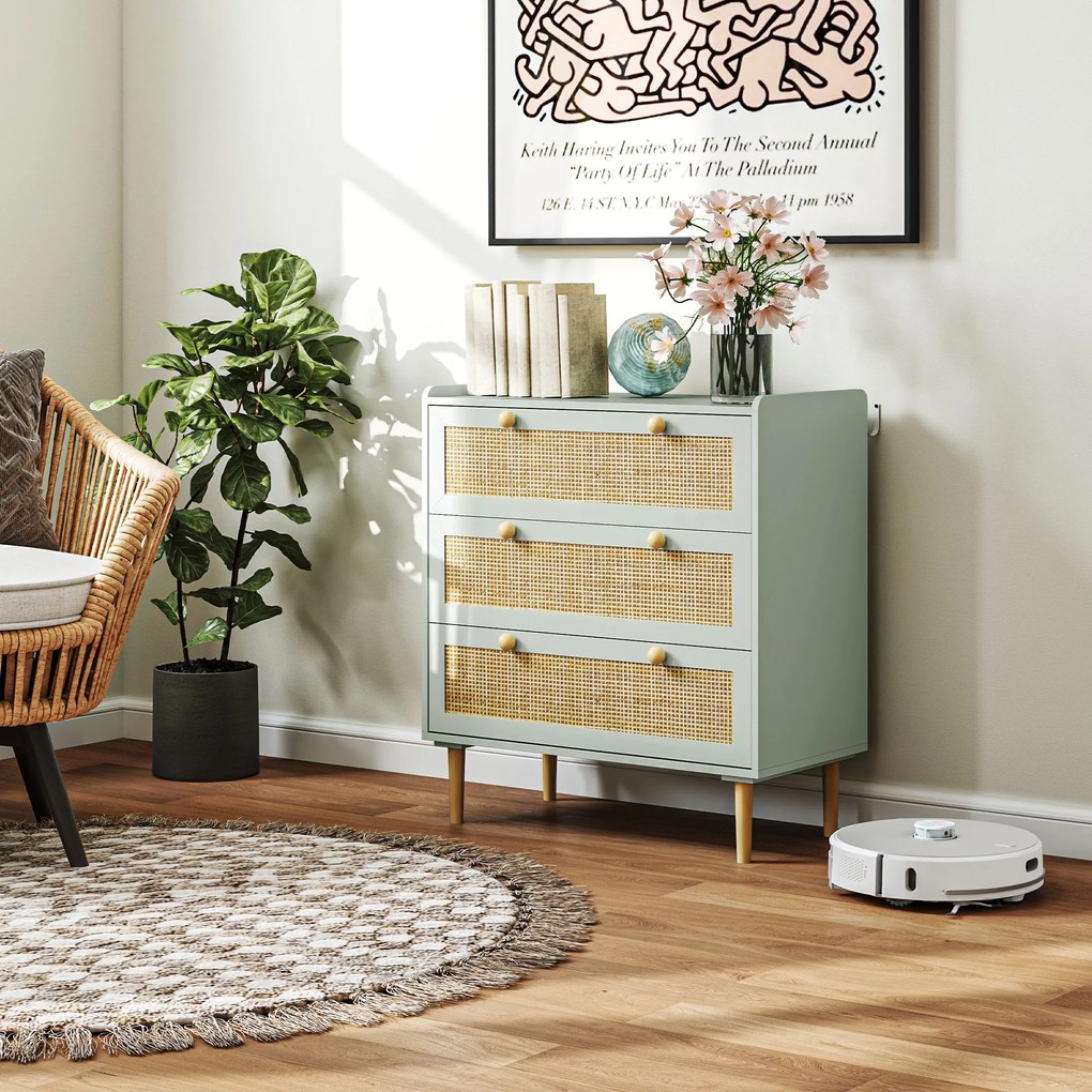 Cómoda de design boémio em vime com 3 gavetas 80C x 40L x 87,5A cm, móvel de arrumação para a sala de estar, o corredor ou a entrada, verde-oliva
