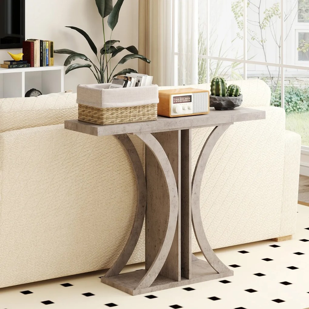 Mesa Consola 100 x 29,5 x 80 cm com Estrutura Geométrica para Entrada, Hall, Sala, Corredor Cinzenta