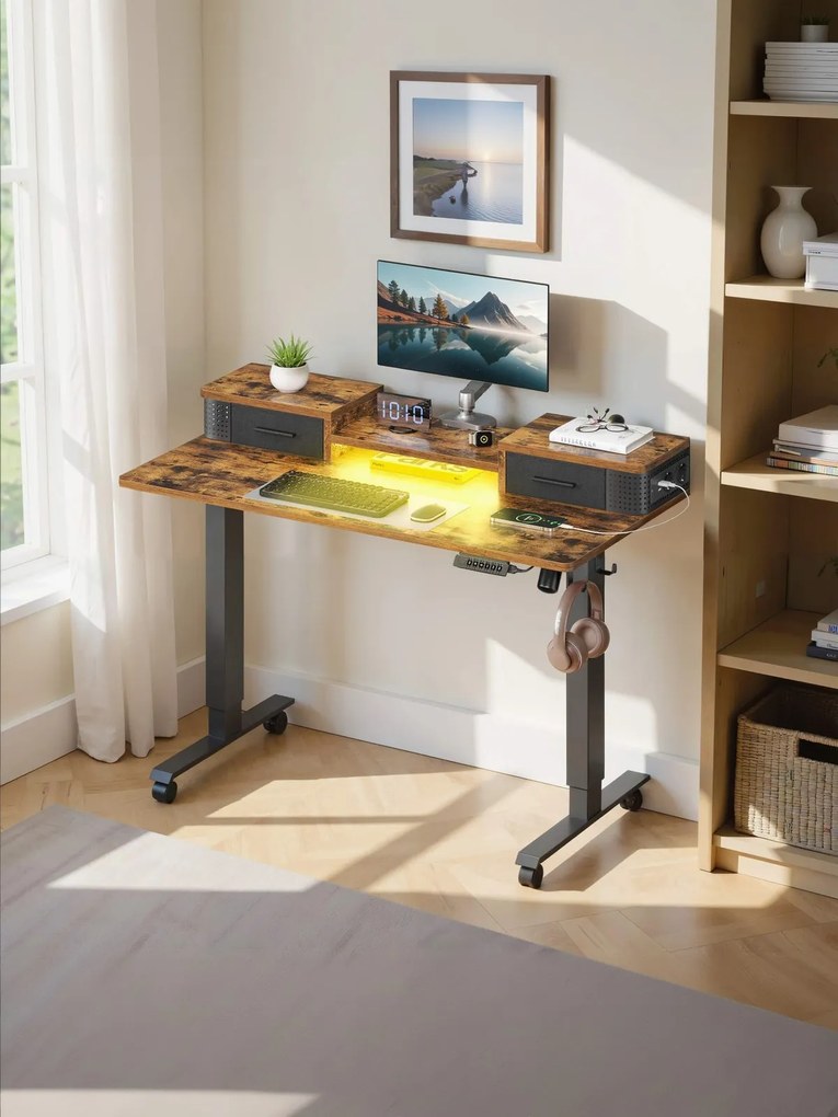 Secretária elétrica alta ajustável em altura, 120 x 60 x (72-120) cm, com suporte para monitor e estação de carregamento castanha