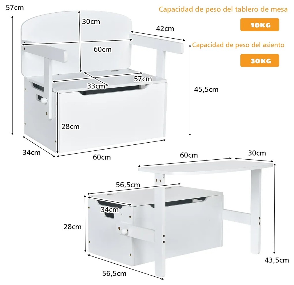 Conjunto de mesa de actividades convertível para crianças Conjunto de mesa e cadeira de madeira 3 em 1 com caixa de arrumação para brinquedos Branco