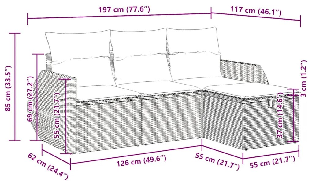 4 pcs conjunto de sofás para jardim c/ almofadões vime PE preto