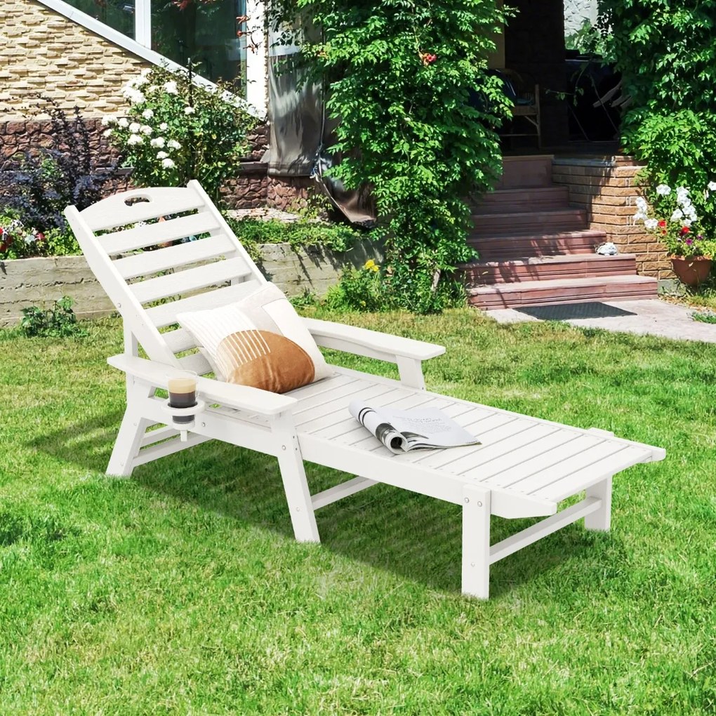 Espreguiçadeira com encosto ajustável em 4 posições, porta-copos e apoios de braços para piscina ou jardim 196-169 x 75 x 31,5-65 cm branca