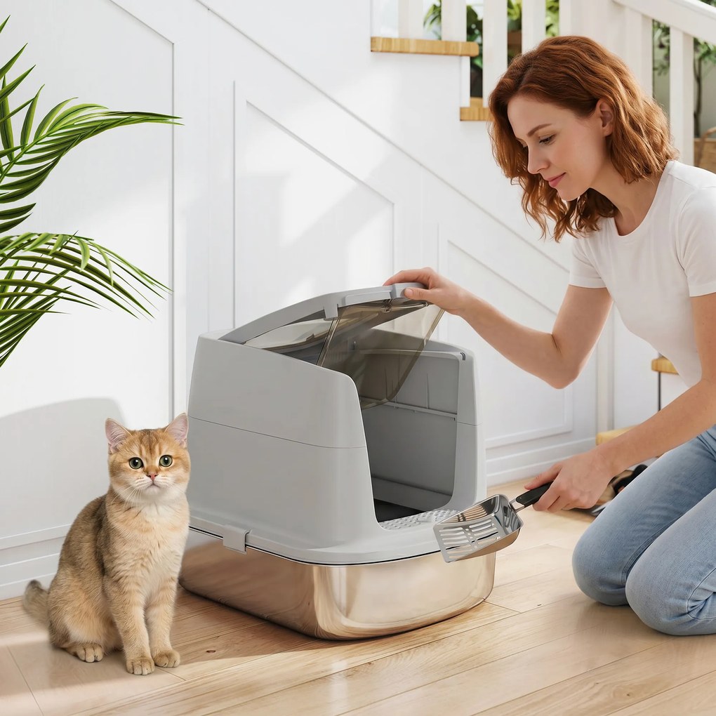 Caixa de Areia para Gatos em Aço Inoxidável L com Tampa Removível e Pá Inox, Cinzento Claro
