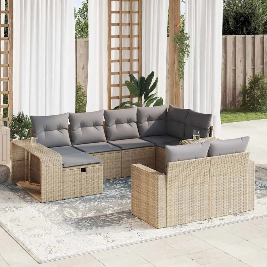 10 pcs conjunto de sofás p/ jardim com almofadões vime PE bege