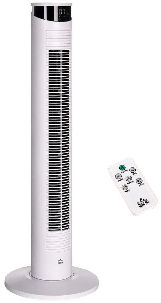 HOMCOM Ventoinha de Coluna Oscilante 45 W com Controlo Remoto Temporizador de 12h 3 Velocidades 3 Modos Ecrã LED e Alça de Transporte para Dormitório Ø31,5x93 cm Branco