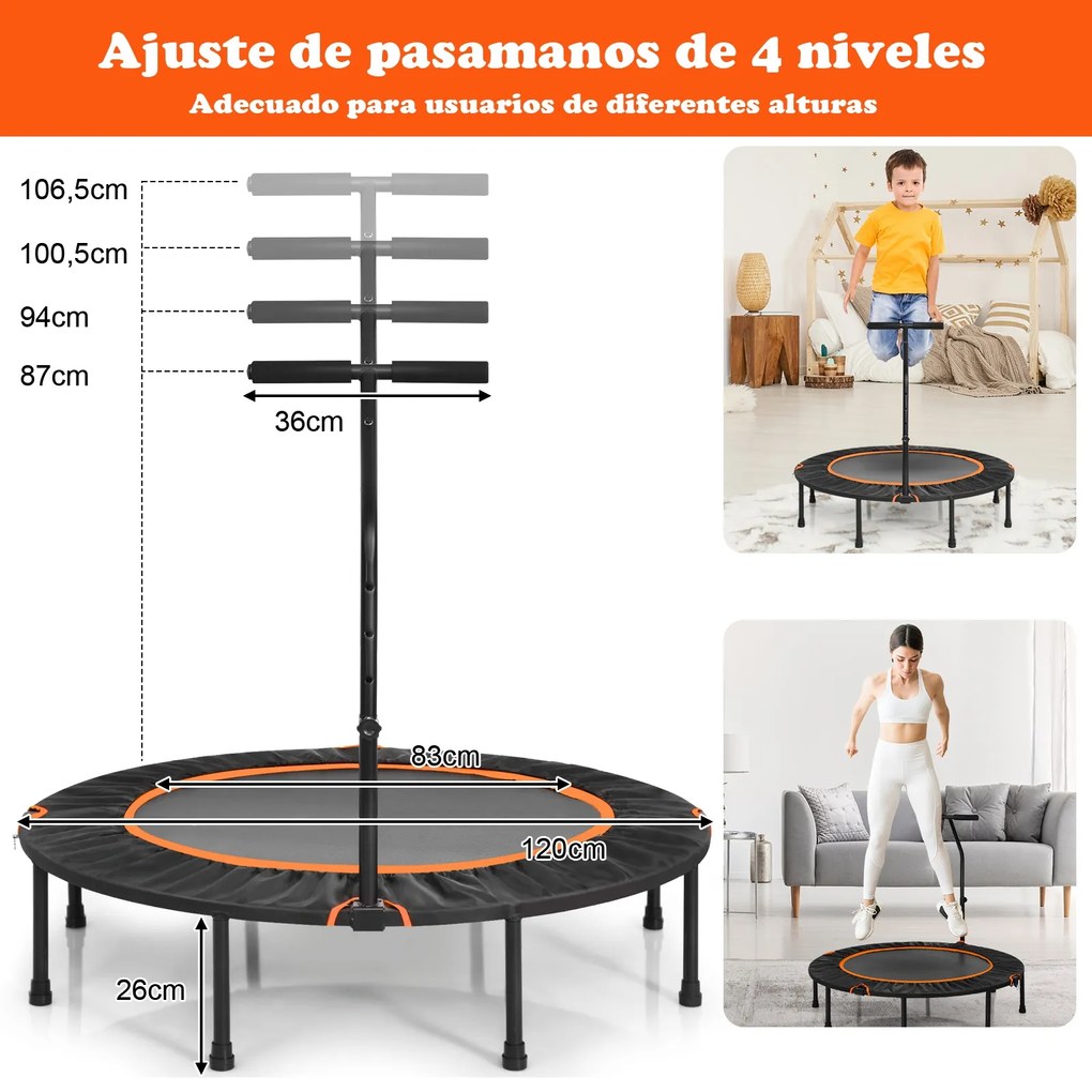 Trampolim de Fitness dobrável com cabo ajustável e almofada de segurança para crianças Laranja e Preto 120 cm