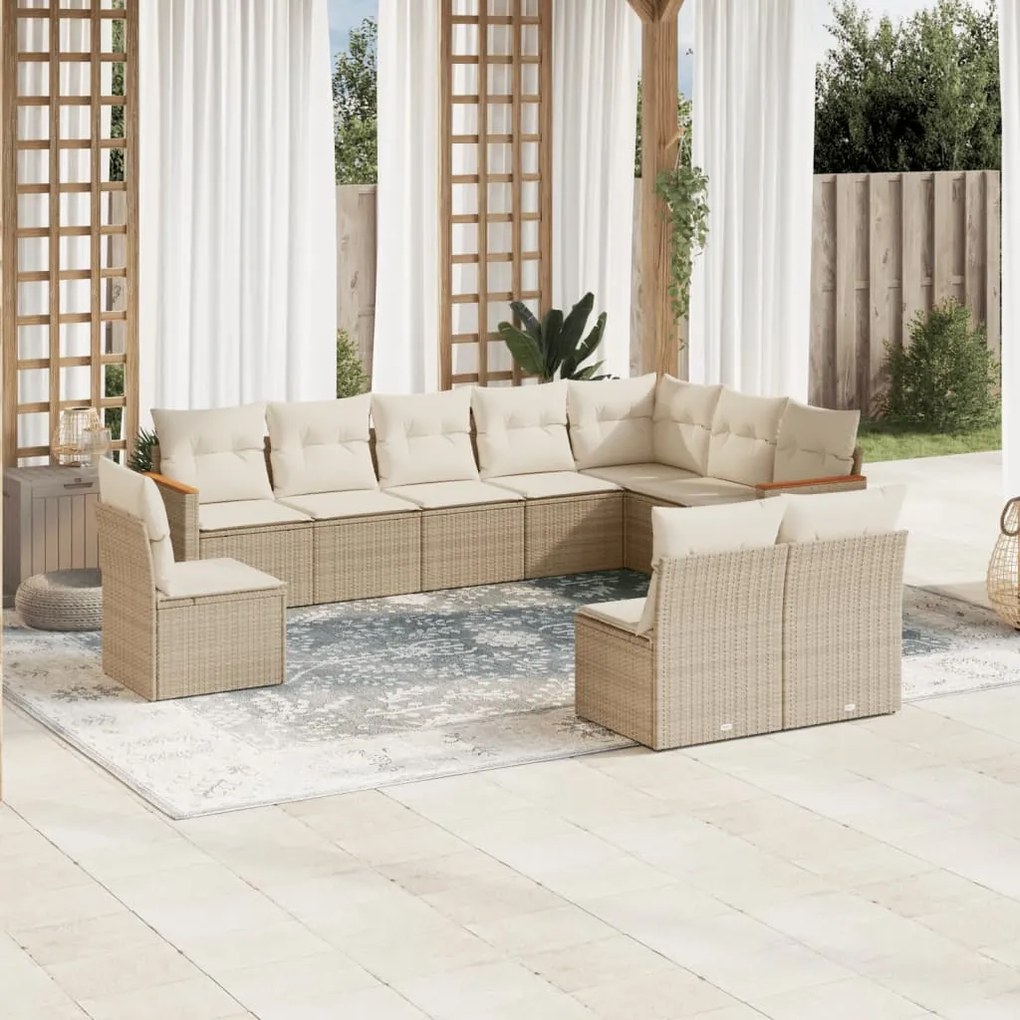 10 pcs conjunto de sofás p/ jardim com almofadões vime PE bege