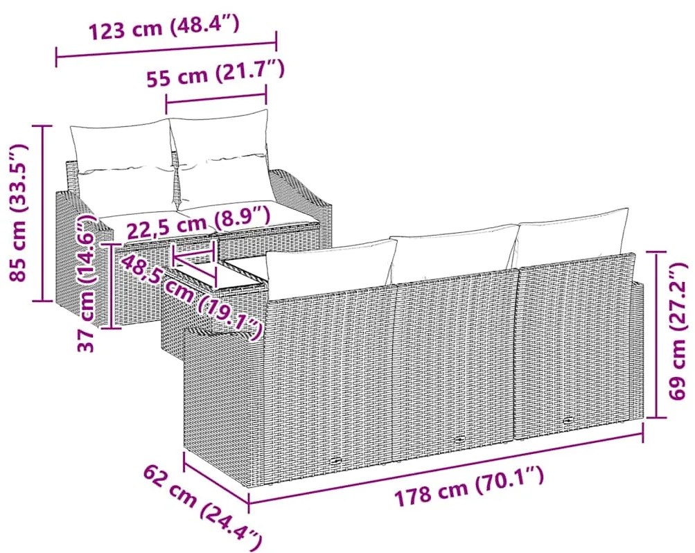 Conjunto de Sofá de Jardim 6 Peças com Almofadas Cinzas em Rattan Sint