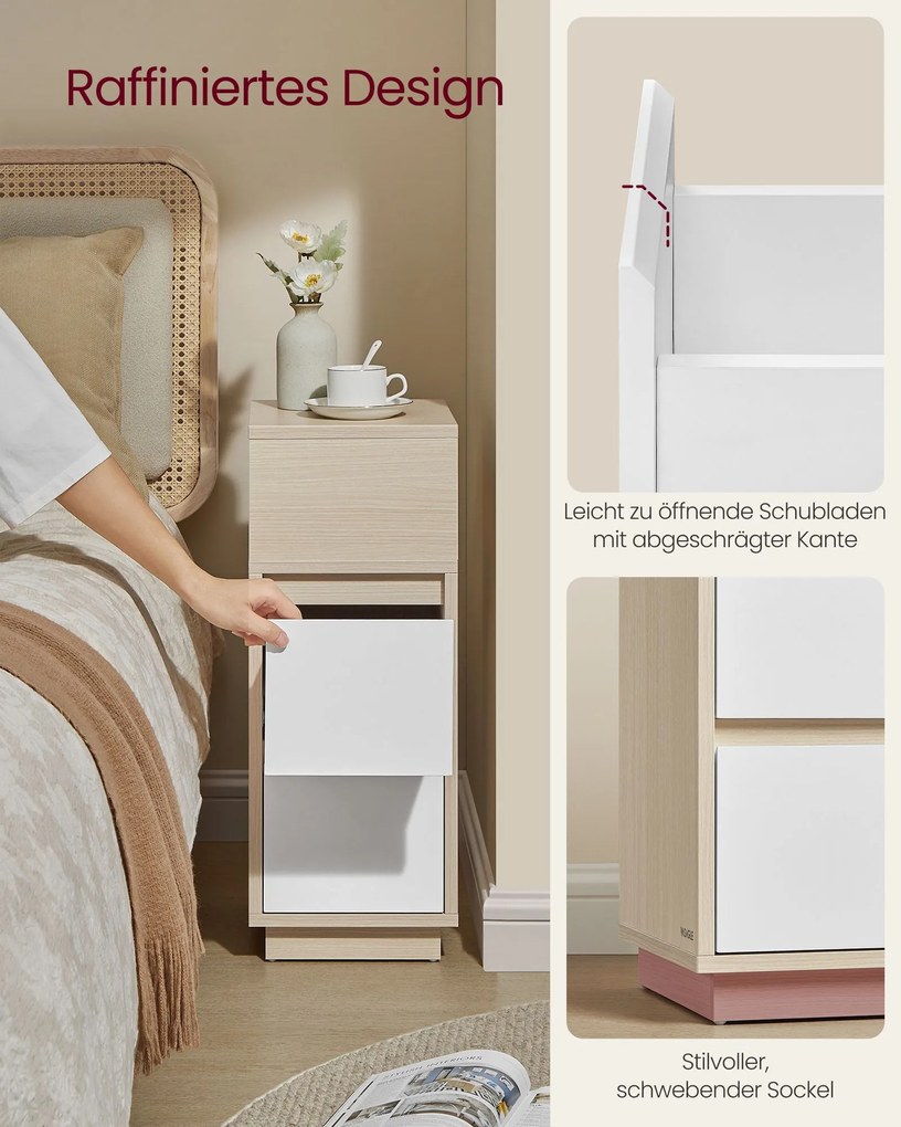 Mesa de cabeceira estreita com 2 gavetas 30 x 25 x 65 cm bege natural e branco nuvem
