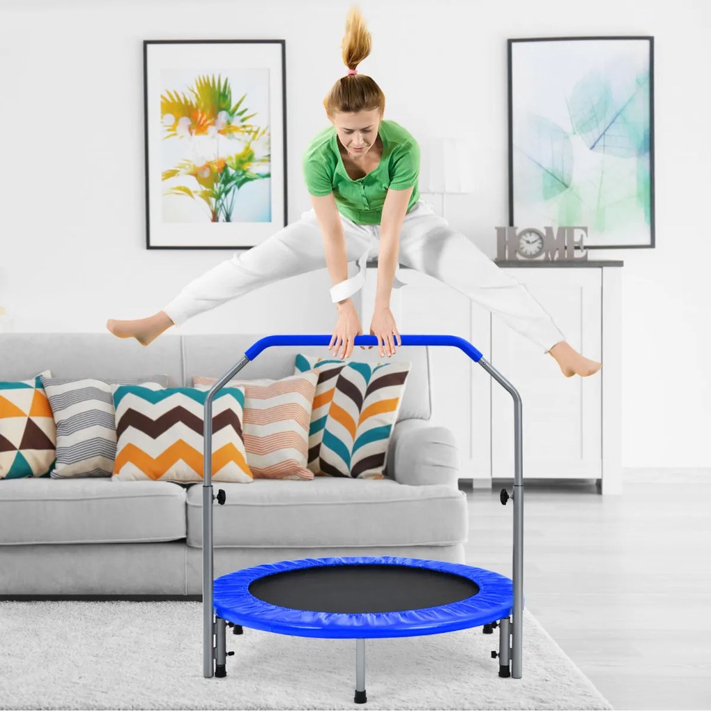 Mini Trampolim Dobrável 101 cm de Treino Fitness para Adultos e Crianças com Pega Ajustável em Altura Azul