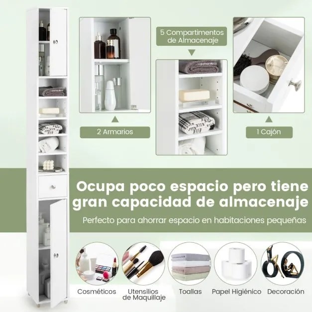 Armário de casa de banho alto e estreito com gaveta e 5 armarios ajustáveis 20 x 20 x 180 cm Branco
