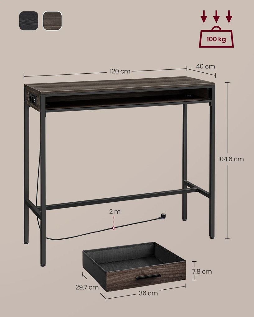 Mesa de bar com gaveta com estação carregamento USB 40 x 120 x 104,6 cm castanho