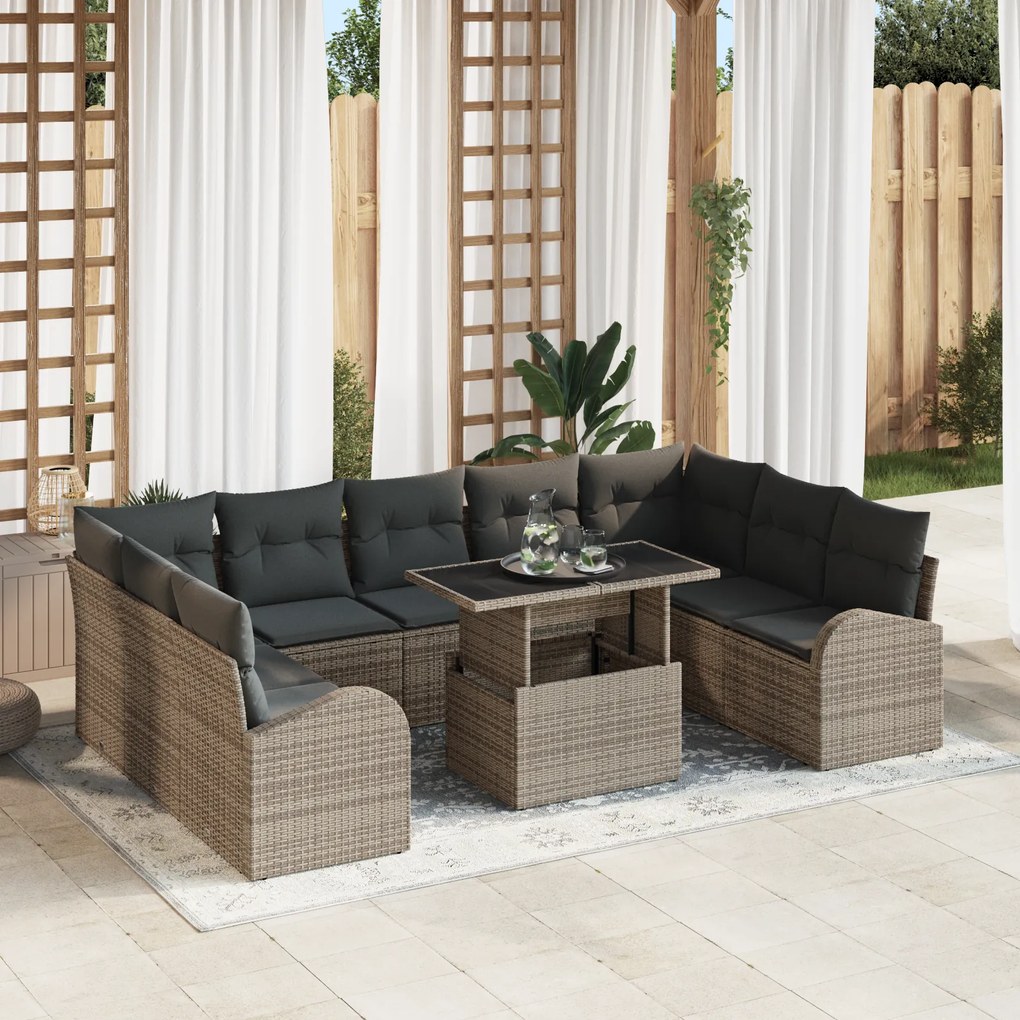 Conjunto de Sofá de Jardim vidaXL 10 Peças com Almofadas Cinza Rattan Polietileno