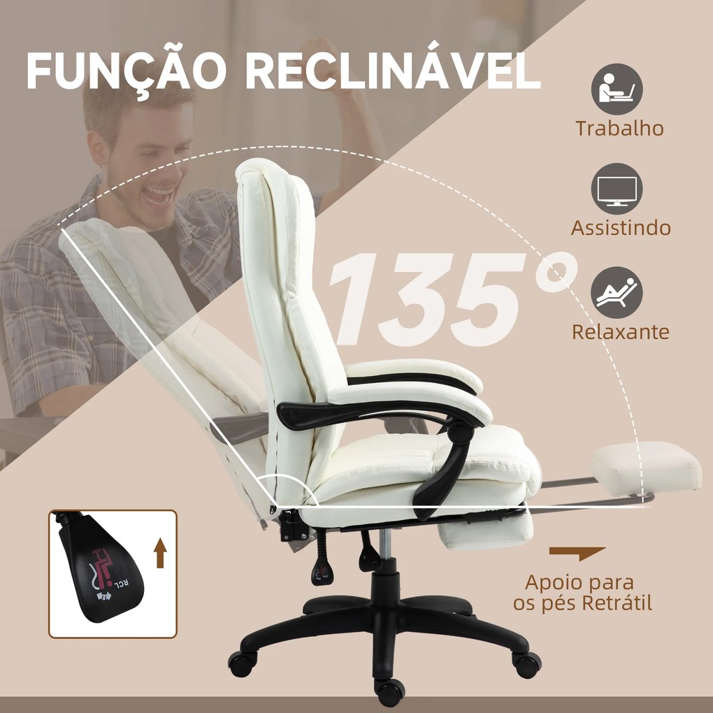 Cadeira de Escritório com Altura Ajustável 6 Pontos de Massagem e Apoio para os Pés Retrátil 68,5x68,5x113-121 cm Creme