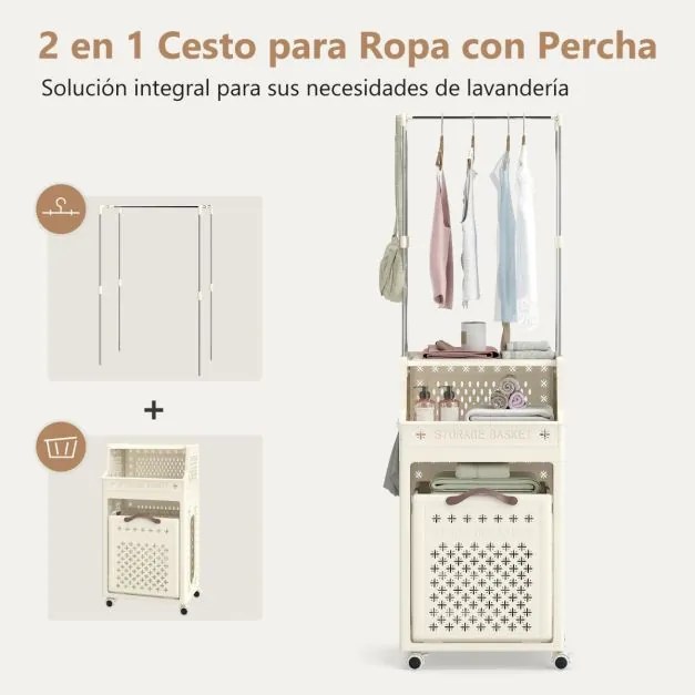Cesto de roupa suja 40 x 29,5 x 136 cm com rodas e cabide dobrável de plástico multicamadas com cabide bege
