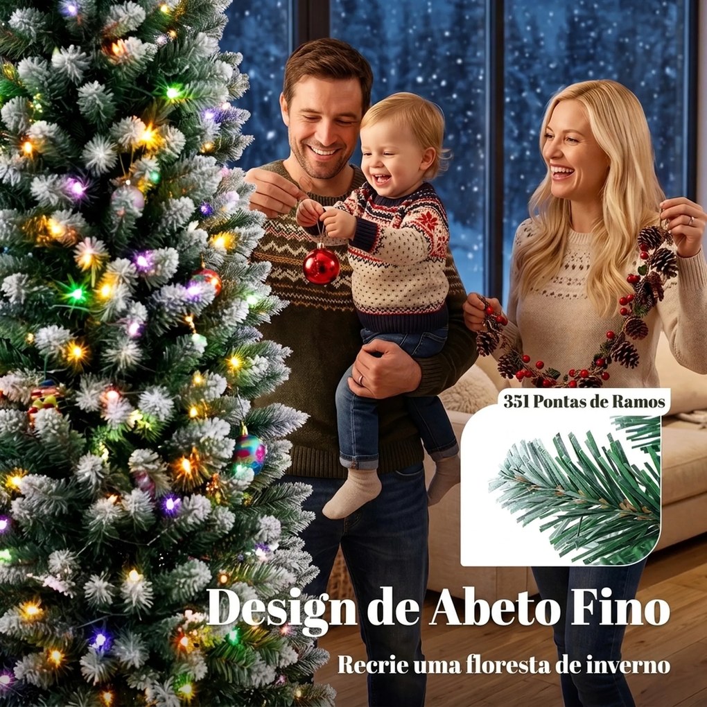 Árvore de Natal Estreita Pré-iluminada 180 cm, LEDs de Dupla Cor, Efeito Nevado, Comando, 11 Modos, 351 Pontas, 170 LEDs, Verde/Branco