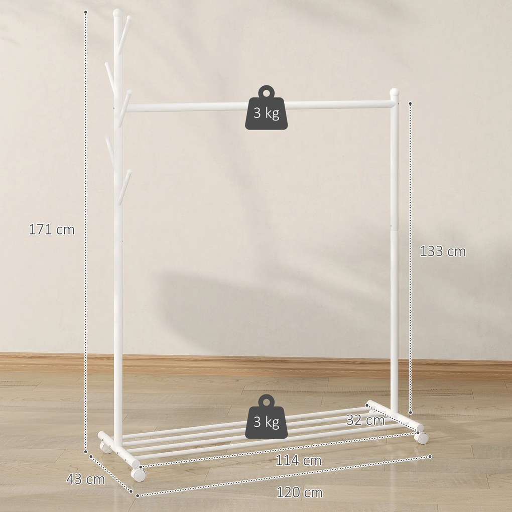 Guarda roupa com Rodas 5 Ganchos Barra para Pendurar e Prateleira Inferior 120x43x171 cm Branco
