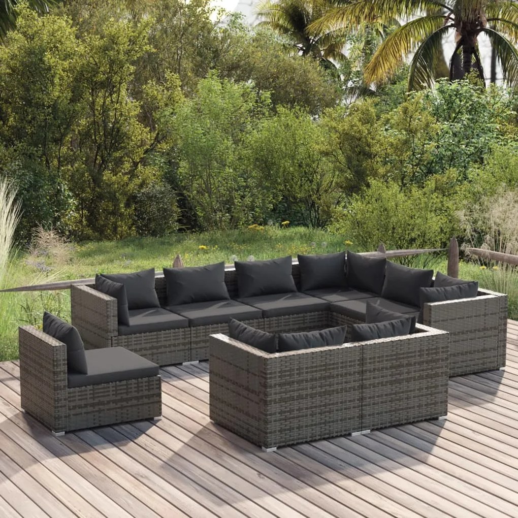 vidaXL 9 pcs conjunto lounge de jardim c/ almofadões vime PE cinzento