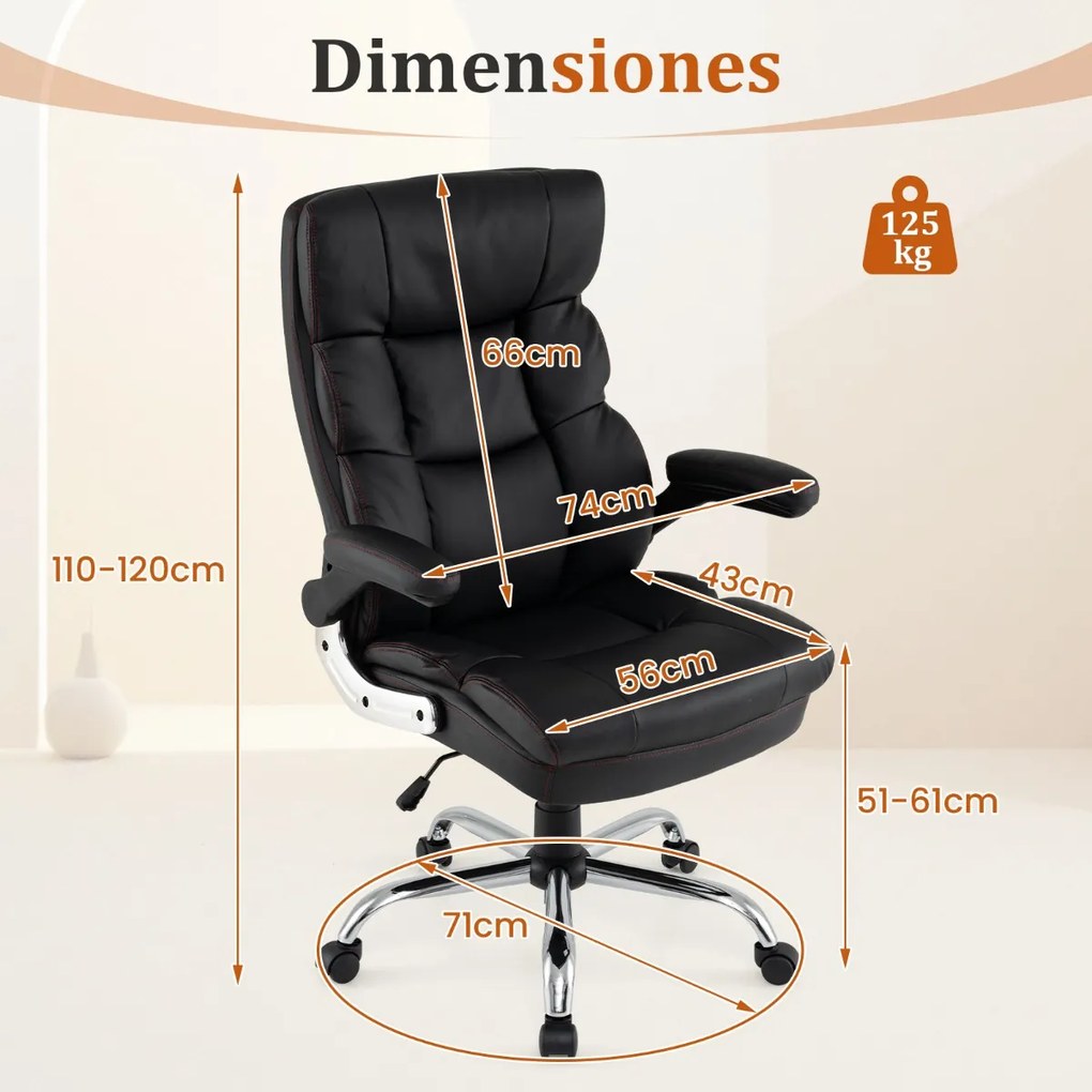 Cadeira de escritório ergonómica em couro sintético com altura ajustável, oscilação, braços rebatíveis e rodas Preta