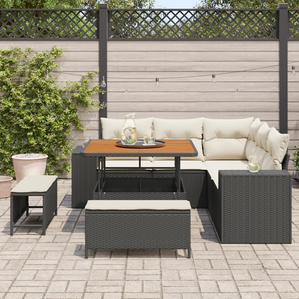 Conjunto de Sofá de 8 Peças para Jardim com Almofadas Preto em Rattan