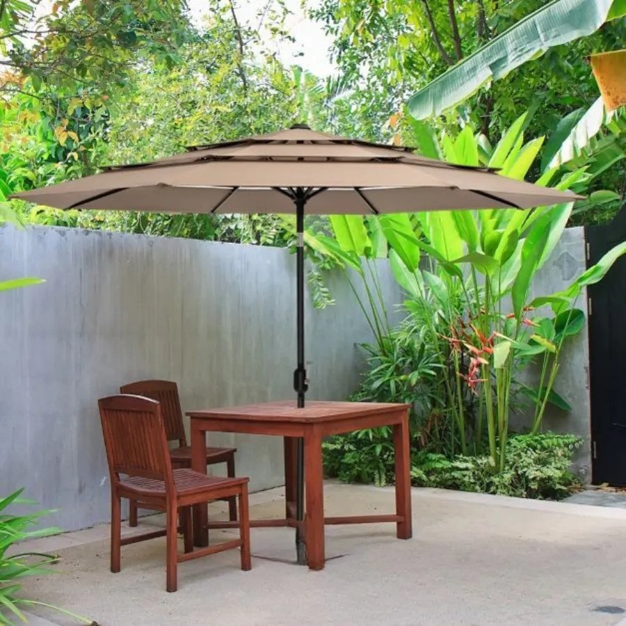Guarda-sol jardim 3 m de 3 camadas de com ventilação dupla (BASE NÃO INCLUIDA), inclinação, botão de pressão, manivela manual e 8 varas Café
