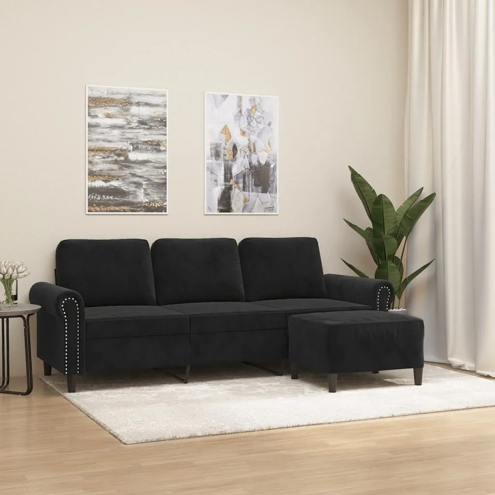 Sofá de 3 lugares com apoio de pés 180 cm veludo preto