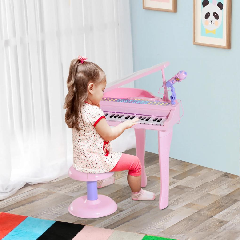 HOMCOM Brinquedo de Piano com 37 Teclas Instrumento de Educação Musical de Criança com Microfone Alto-falante Rosa