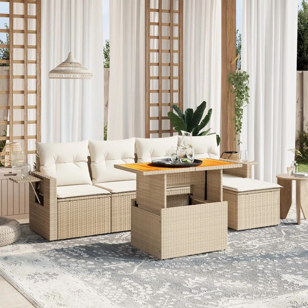6 pcs conjunto de sofás p/ jardim com almofadões vime PE bege
