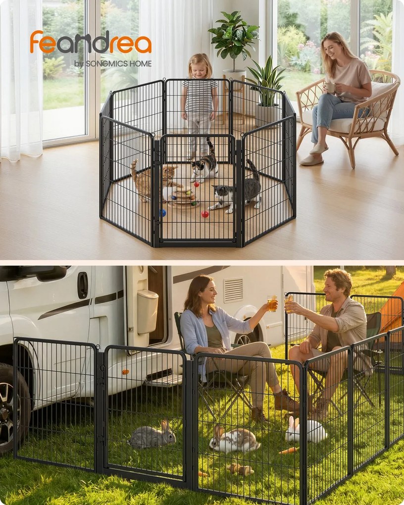 Parque para animais de estimação 170 x 170 x 100 cm, recinto ao ar livre em metal inoxidável, com porta larga preto