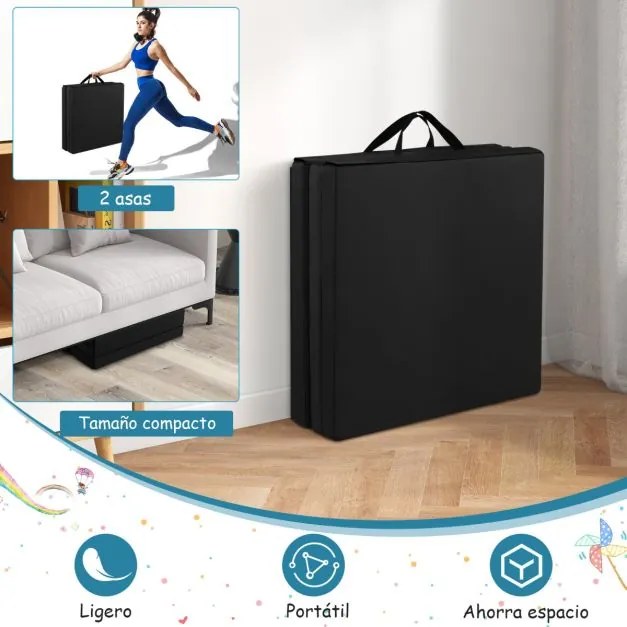 Tapete de exercícios portátil, leve e dobrável de 3 painéis com 2 pegas Ginástica compacta com enchimento de espuma EPE 180 x 60 x 5 cm Preto